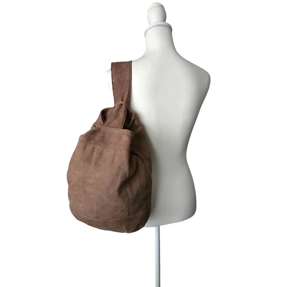 Vintage W.B. Place & Co. Suede Sling Backpack + Pouch Set Tan USA Made Pliable